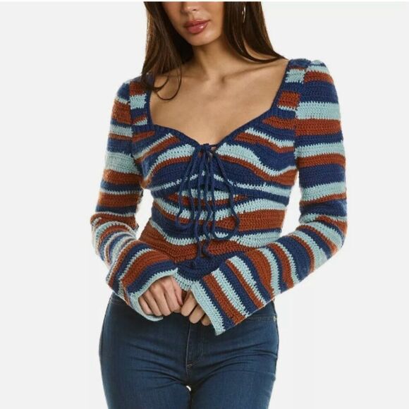 Sea New York | Wavey Striped Crochet Cropped Sweater Size Extra Large - Picture 1 of 7